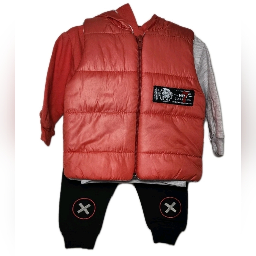 Baby 3pc Set Long Sleeve Shirt/Pants/Puffer Light Hooded Vest 3-6 Months